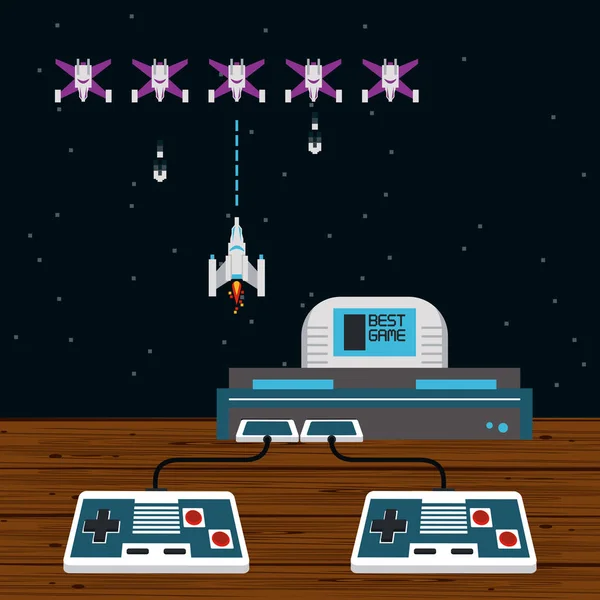 Vintage video oyunu konsolu uzaylı uzay gemisi ile — Stok Vektör