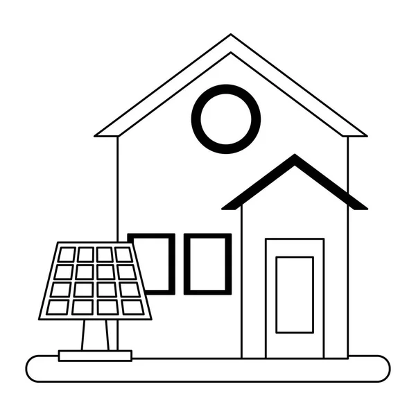 Casa e pannello solare simbolo in bianco e nero — Vettoriale Stock
