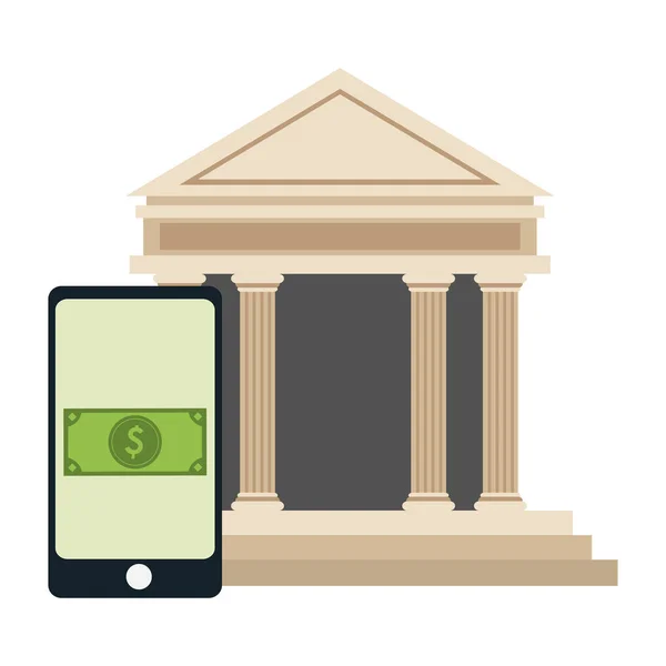 Pagamento on-line smartphone e edifício bancário — Vetor de Stock
