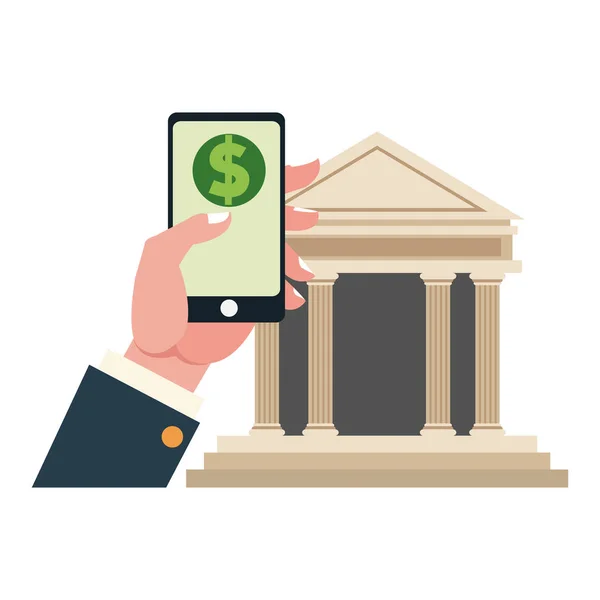 Homem de negócios mão com pagamento de dinheiro smartphone e edifício bancário — Vetor de Stock