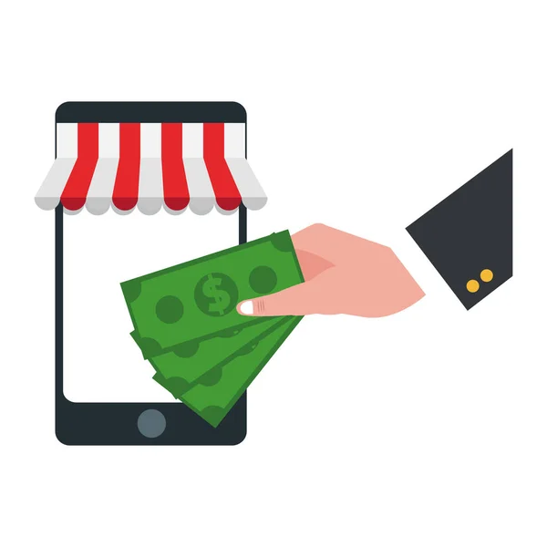 Business man hand with money and smartphone online store — стоковый вектор