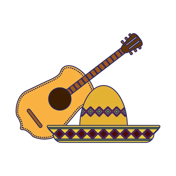 Guitare acoustique et chapeau mexicain lignes bleues — Image vectorielle