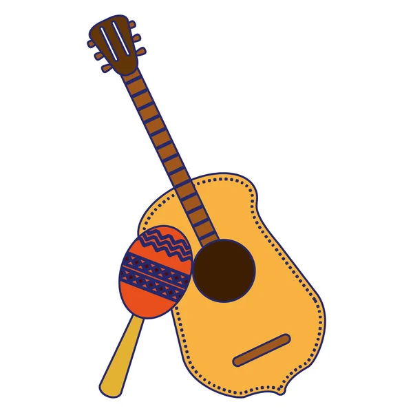 Violão acústico e maraca mexicana instrumento linhas azuis — Vetor de Stock