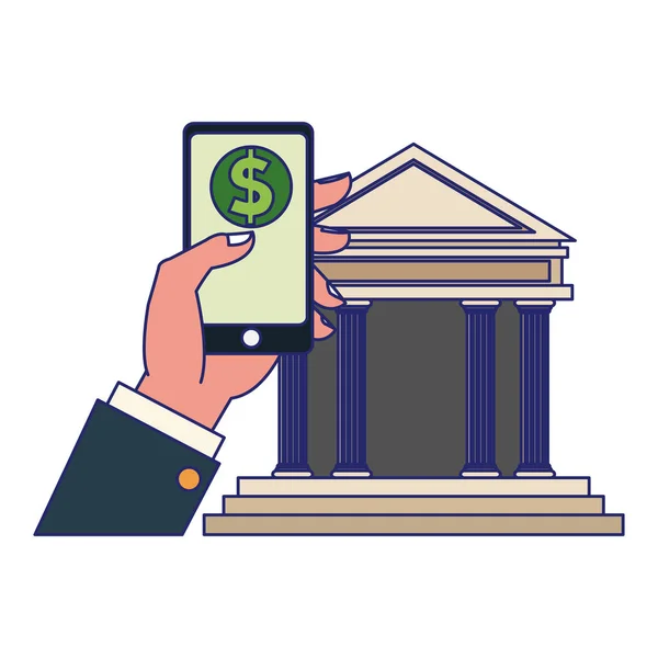 Homem de negócios mão com pagamento de dinheiro smartphone e linhas azuis edifício bancário — Vetor de Stock