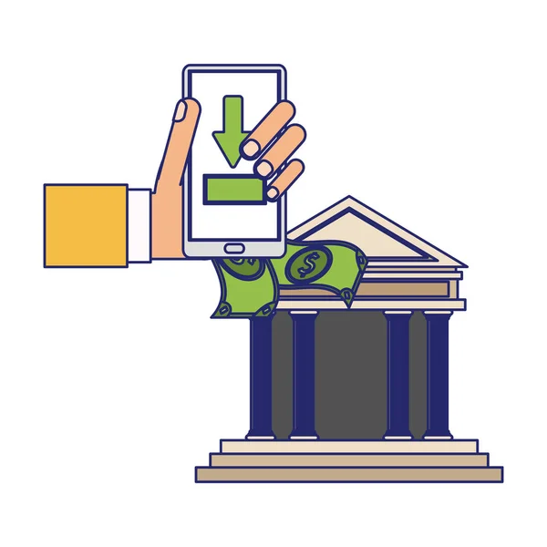 Transferência de dinheiro com smartphone para smartphone banco app linhas azuis — Vetor de Stock