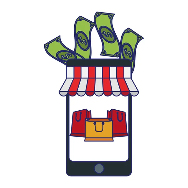 Shoppnig loja de smartphones online com dinheiro e sacos linhas azuis — Vetor de Stock