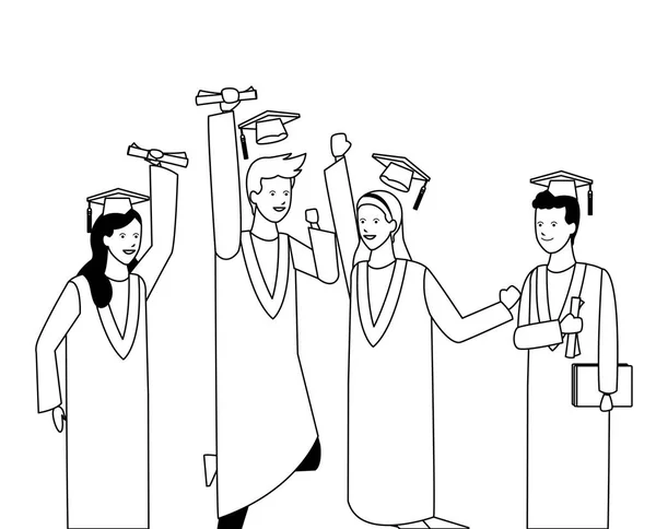 Ceremonia de graduación personas blanco y negro — Vector de stock