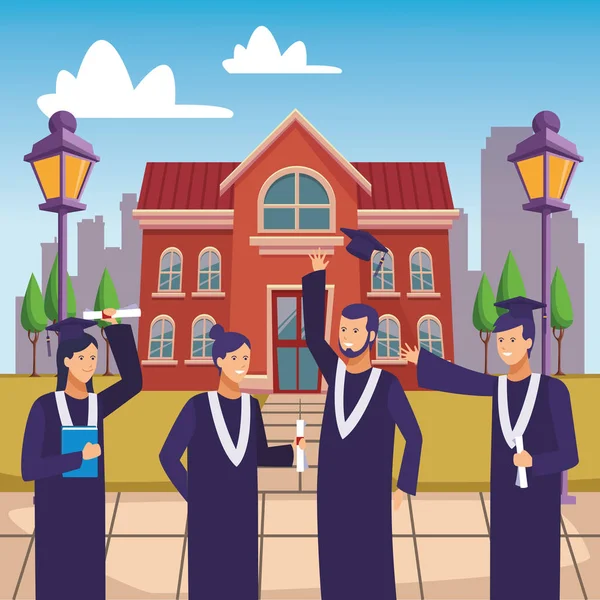 Ceremonia de graduación del campus diploma personas — Vector de stock