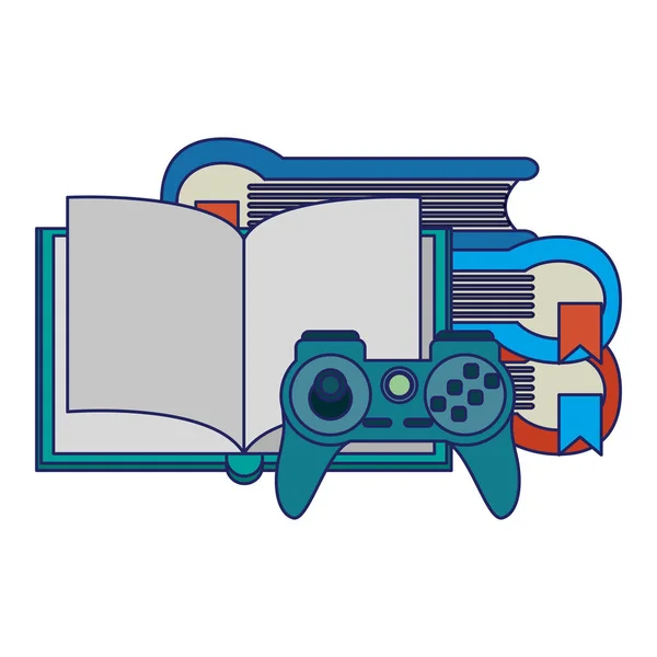 Libros apilados y gamepad de videojuegos — Vector de stock