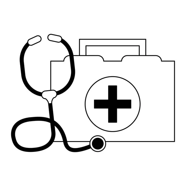 First aids suitcase and stethoscope black and white — Stock Vector