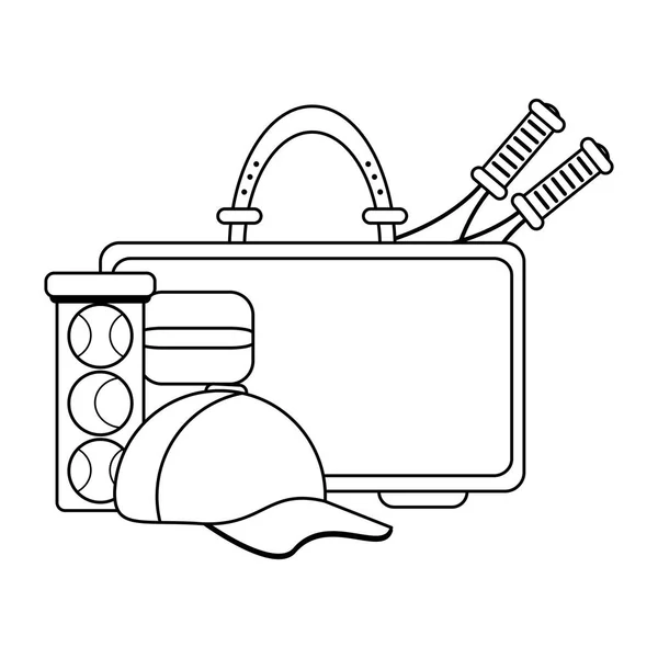 网球在瓶子与手提箱球拍和帽子黑色和白色 — 图库矢量图片
