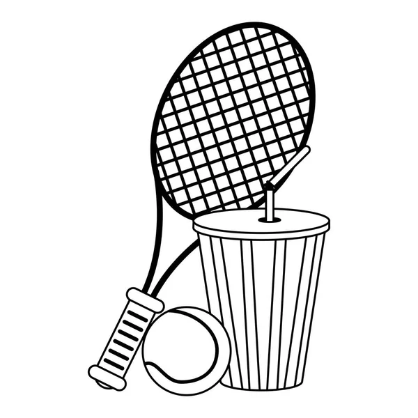 Raquete de tênis copo de refrigerante e bola preto e branco — Vetor de Stock