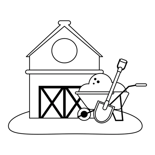 Bauernhaus und Schubkarre mit Boden und Schaufel schwarz-weiß — Stockvektor
