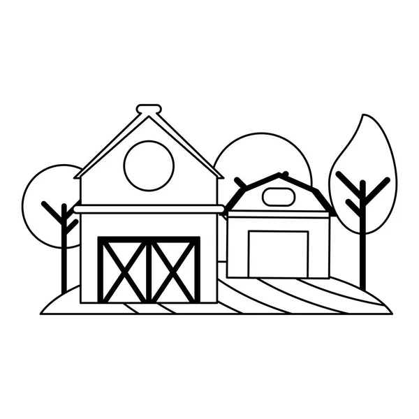 Αγροτικό σπίτι και αχυρώνες σε φύση μαύρο και άσπρο — Διανυσματικό Αρχείο
