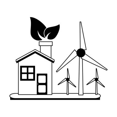 Rüzgar türbinleri siyah ve beyaz ile Eko ev