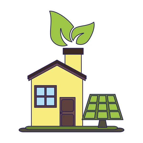 Rumah Eco dengan daun dan panel surya - Stok Vektor