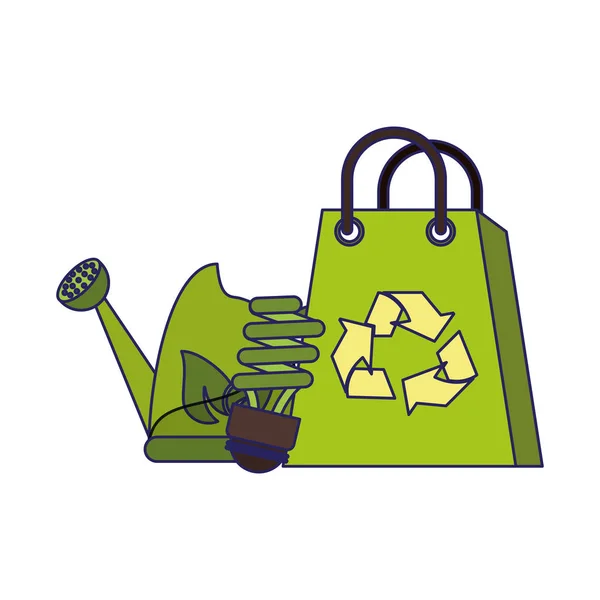 Reciclar saco com lata de água e lâmpada de poupança —  Vetores de Stock
