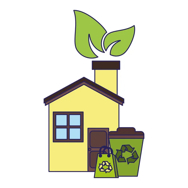 Rumah Eco dan tong sampah dengan kantong daur ulang - Stok Vektor