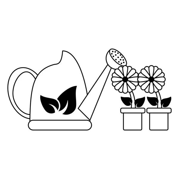 Water kan en bloemen in pot in zwart-wit — Stockvector
