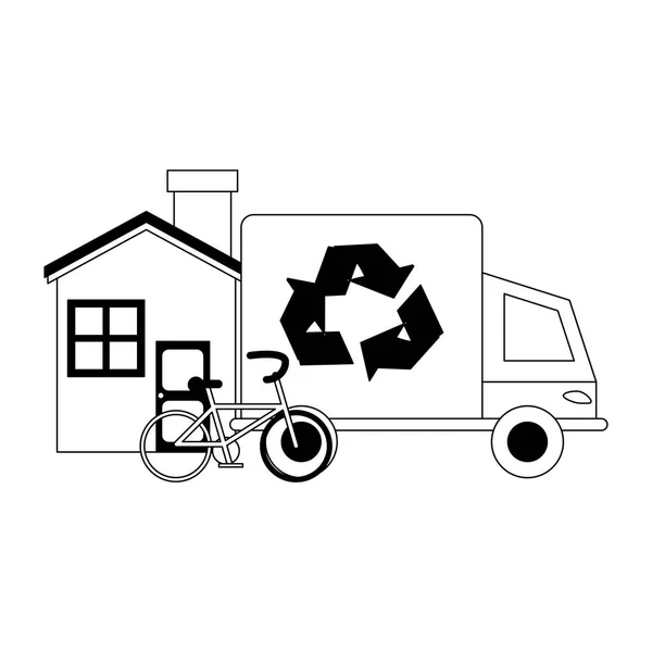 Eco truck and bike in house in black and white — Stock Vector