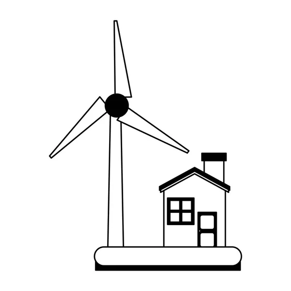 Eco casa con turbina eolica in bianco e nero — Vettoriale Stock