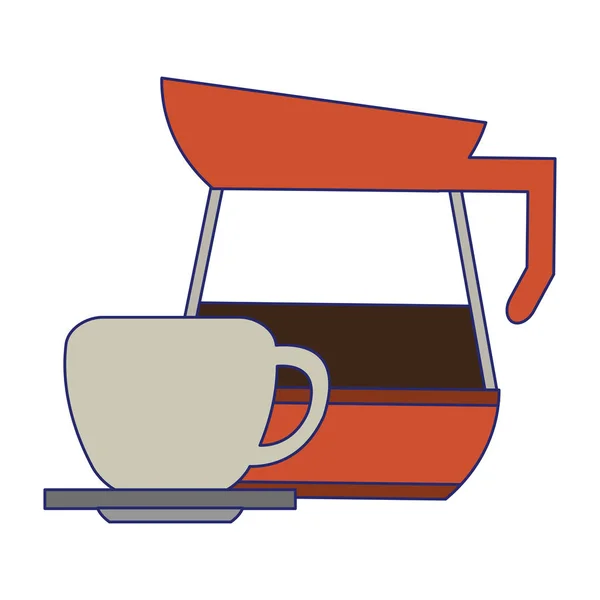 Hervidor de café y taza en el plato — Vector de stock