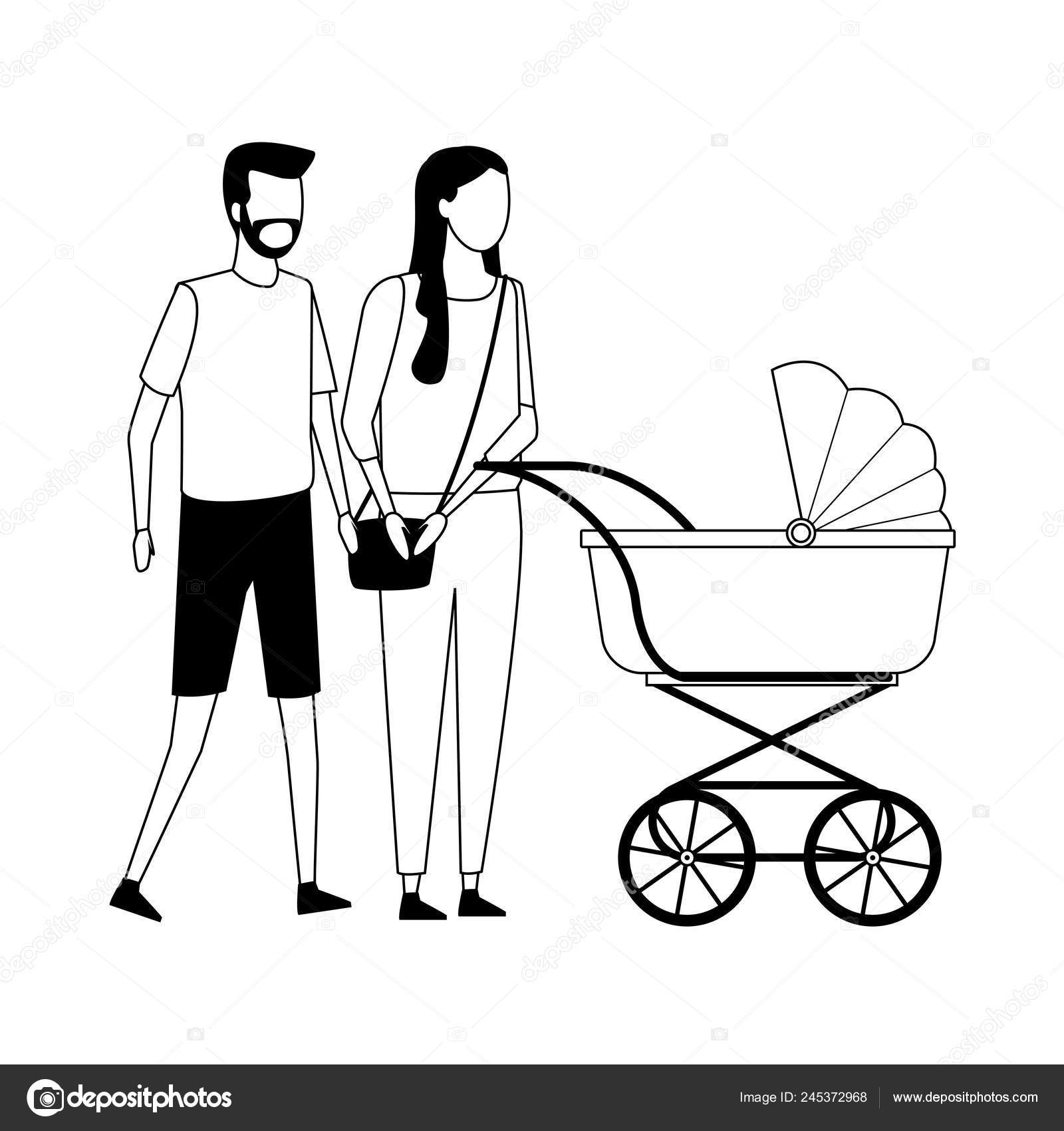 Pareja Sin Rostro Y Carro De Bebe Blanco Y Negro Vector De Stock C Jemastock
