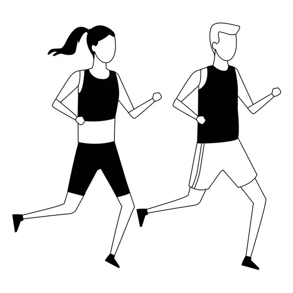 Sem rosto casal esportes correndo preto e branco —  Vetores de Stock