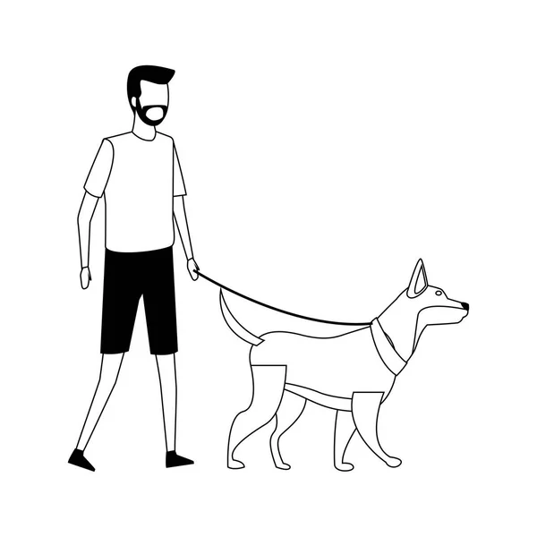 Ansiktslösa kille gå hund svart och vitt — Stock vektor