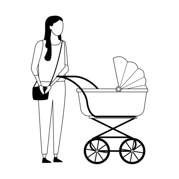 Madre sin rostro y carro de bebé blanco y negro — Vector de stock