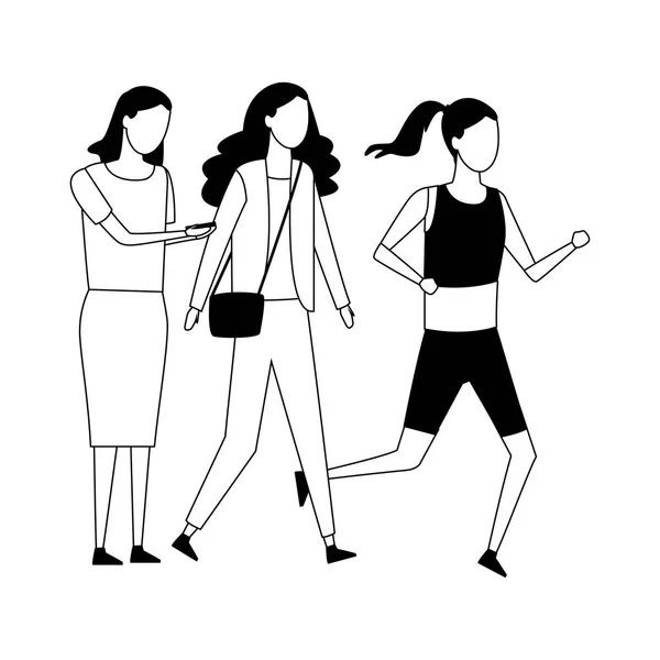 Chicas de grupo sin rostro caminando en blanco y negro — Vector de stock