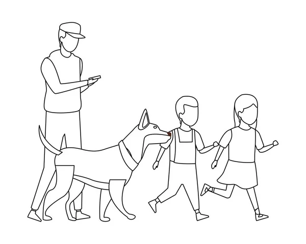 Familj och barn tecknad svart och vitt — Stock vektor