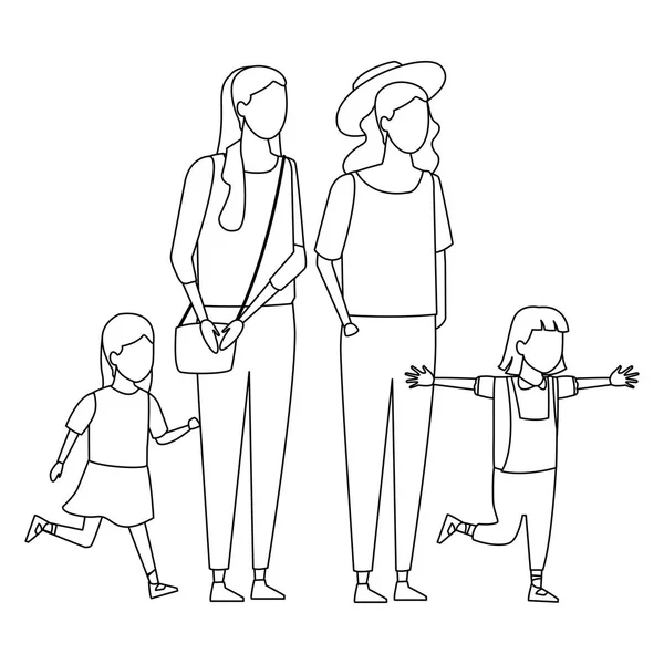 Familia y niños dibujos animados blanco y negro — Vector de stock