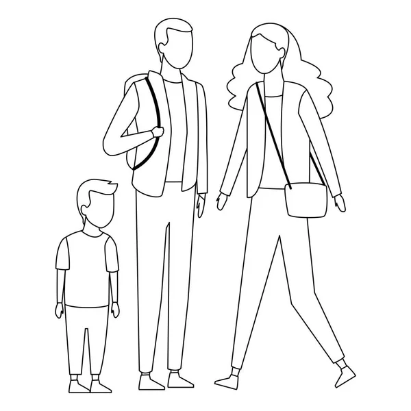 Familia y niños dibujos animados blanco y negro — Vector de stock