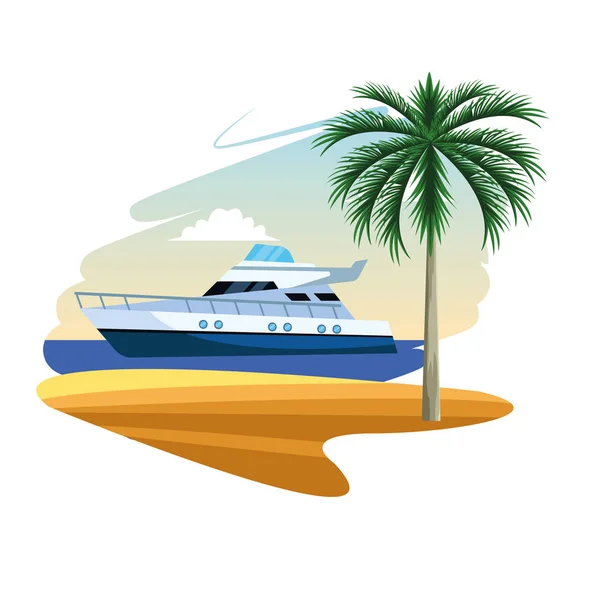 Barco Yate Mar Cerca Isla Dibujos Animados Plana Fondo Blanco — Archivo Imágenes Vectoriales