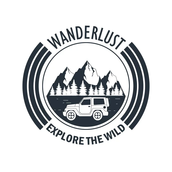 ワンダー ラスト山キャンプの荒野の冒険ロゴの平らな白い背景ベクトル イラスト グラフィック デザイン — ストックベクタ
