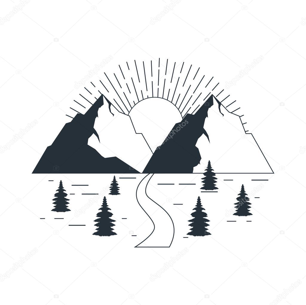 Mountain camping wilderness adventure logo over flat white background vector illustration graphic design