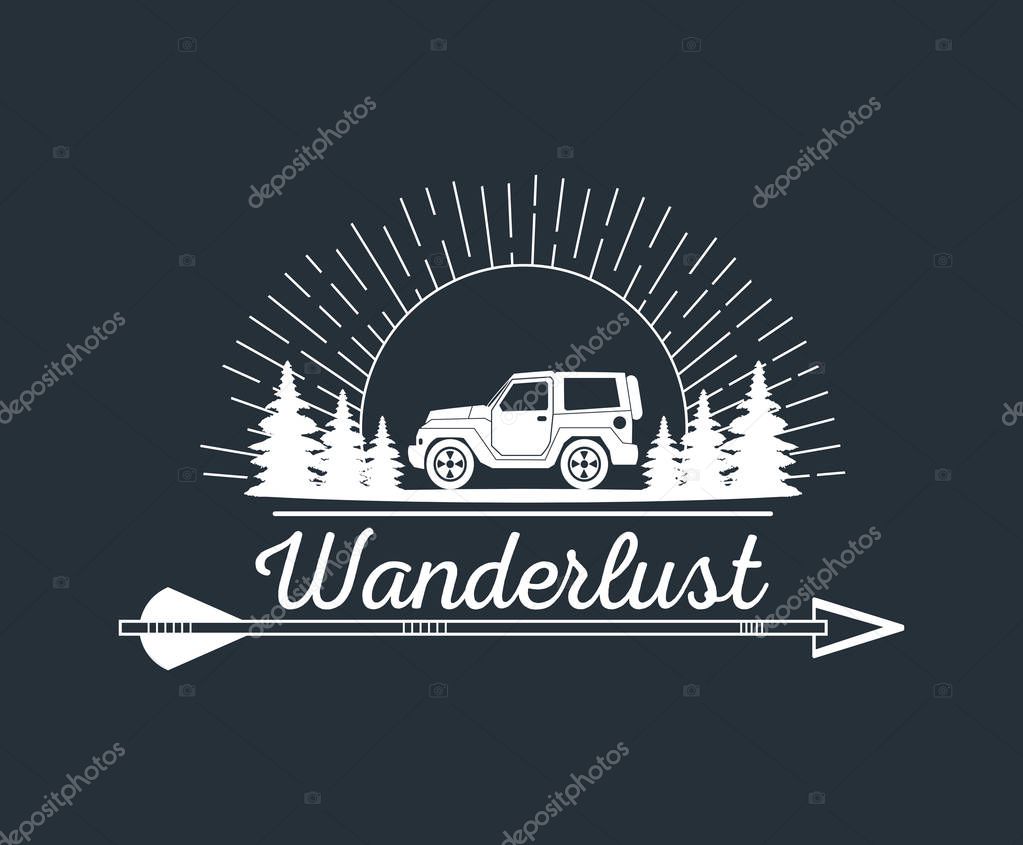 Wanderlust mountain camping wilderness adventure logo over flat black background vector illustration graphic design