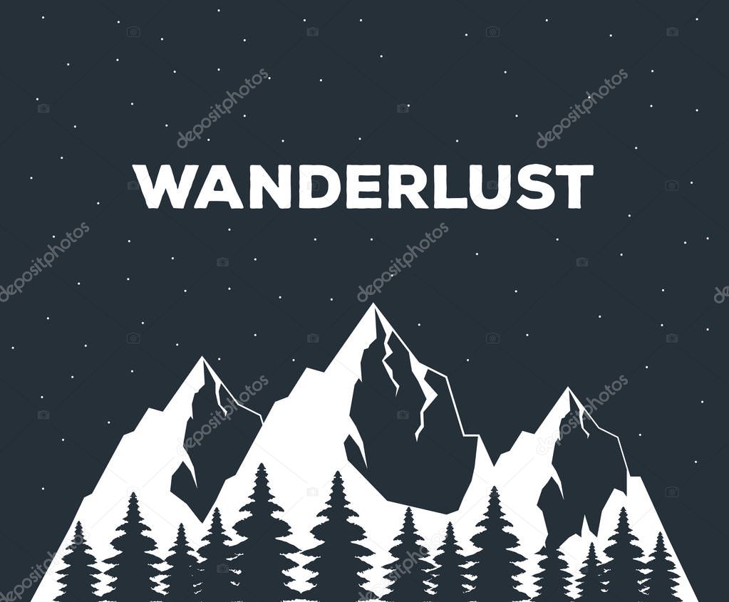 Wanderlust mountain camping wilderness adventure logo over flat black background vector illustration graphic design