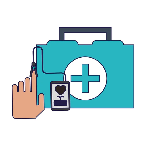 Медицинские первой помощи чемодан и смартфон с приложением синие линии — стоковый вектор