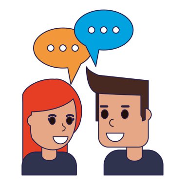 Erkek ve kadın ile konuşma kabarcıklar mavi çizgiler