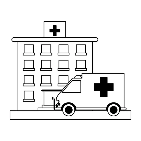 Edifício do hospital e ambulância preto e branco — Vetor de Stock
