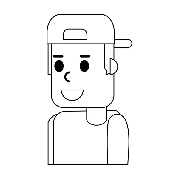 Человек улыбается в шляпе назад мультфильм черно-белый — стоковый вектор
