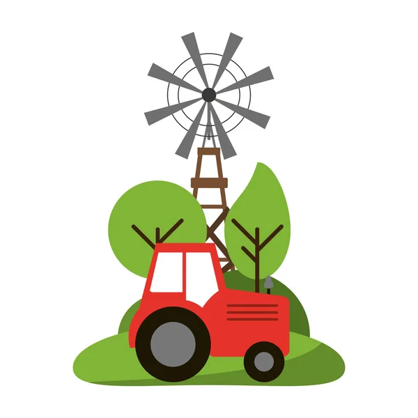 Trator agrícola e moinho de vento na natureza —  Vetores de Stock