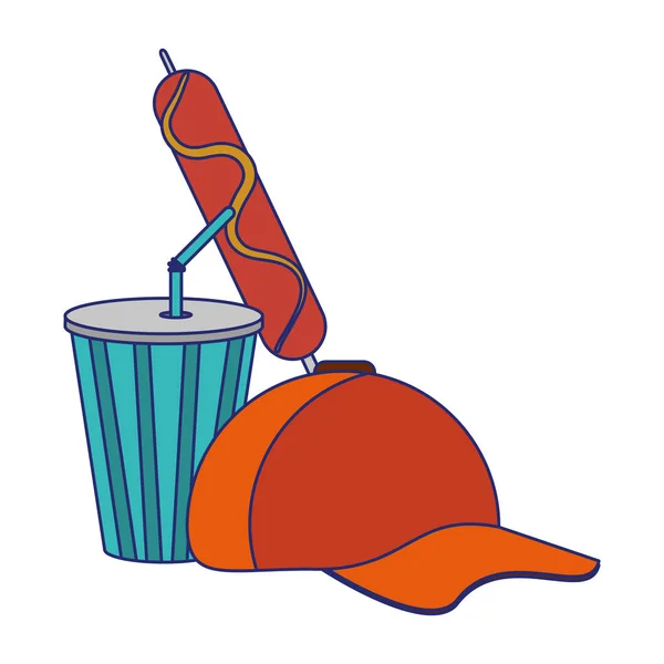 Chapeau de baseball tasse de soda et bâton de saucisse — Image vectorielle