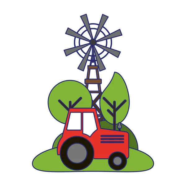 Tracteur agricole et moulin à vent dans la nature — Image vectorielle