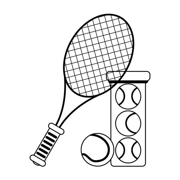Tennisracket en ballen in fles zwart-wit — Stockvector