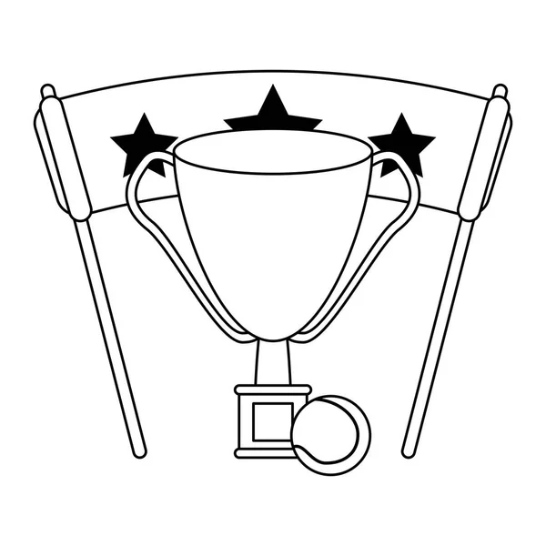 Taça de troféu de tênis com bola e bandeira com estrelas preto e branco —  Vetores de Stock