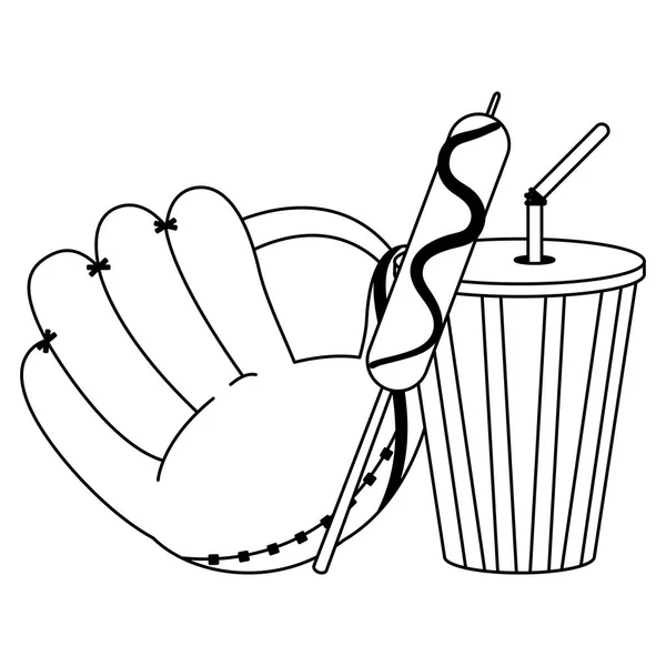 Бейсбольна шкіряна рукавичка з ковбасною паличкою та содовою чашкою чорно-біла — стоковий вектор