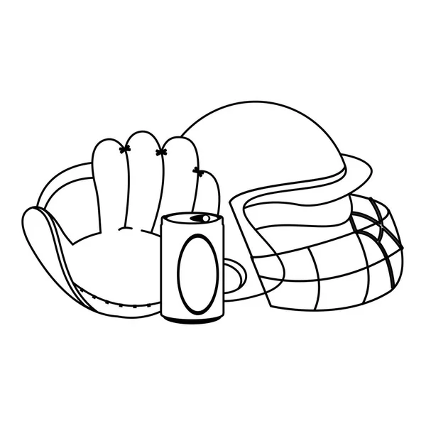 Бейсбольний шолом рукавички і сода можуть чорно-білий — стоковий вектор